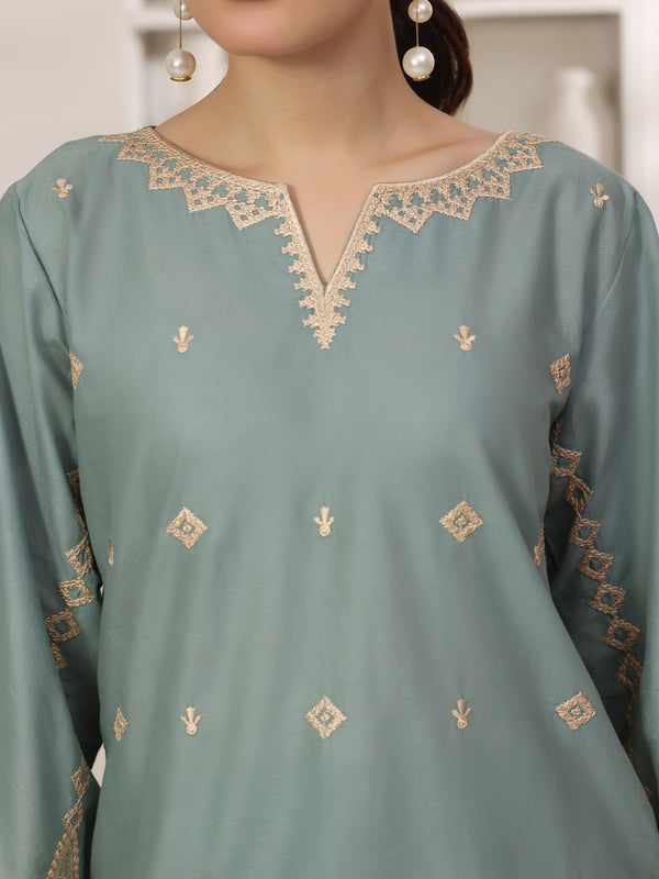 2Pc Solid Embroidered Pret Shirt Trouser Cotton Green
