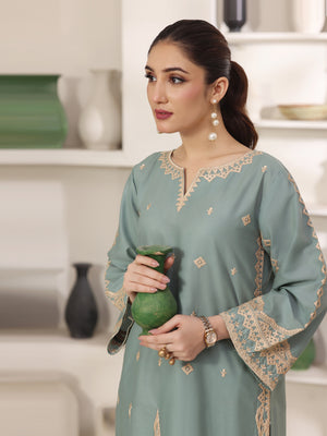 2Pc Solid Embroidered Pret Shirt Trouser Cotton Green