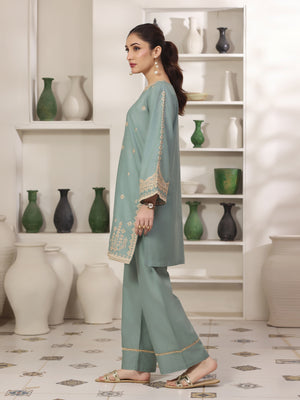 2Pc Solid Embroidered Pret Shirt Trouser Cotton Green