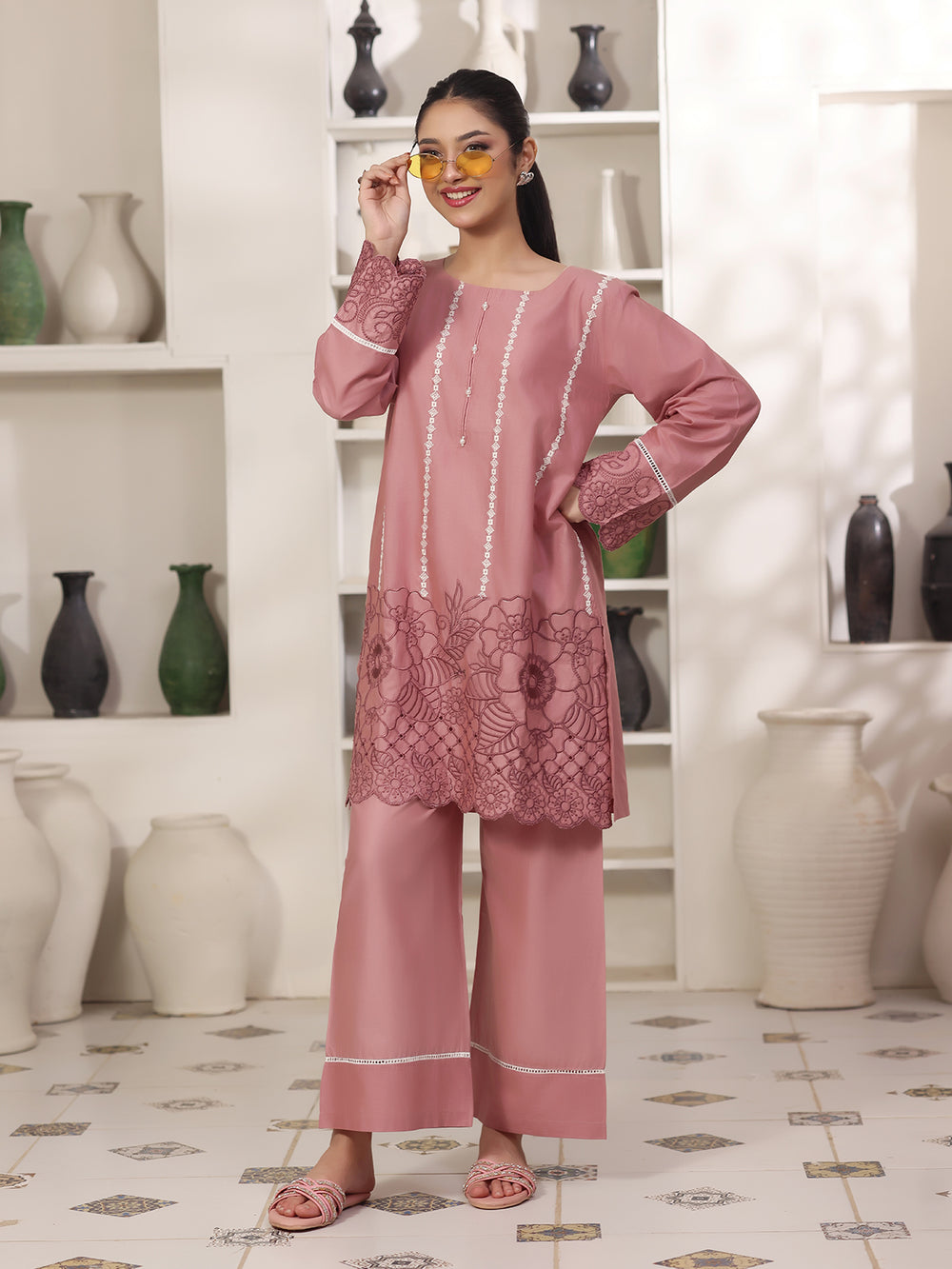 2Pc Solid Embroidered Pret Shirt Trouser Cotton Tea Pink