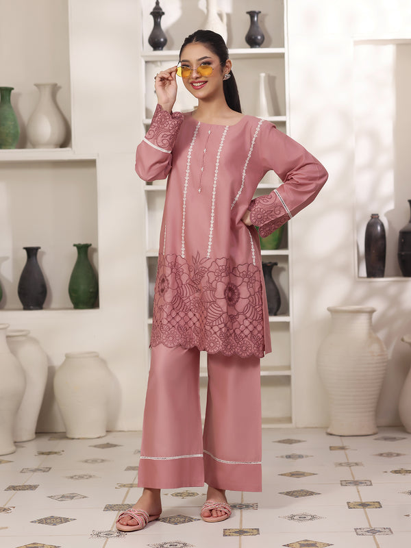 2Pc Solid Embroidered Pret Shirt Trouser Cotton Tea Pink