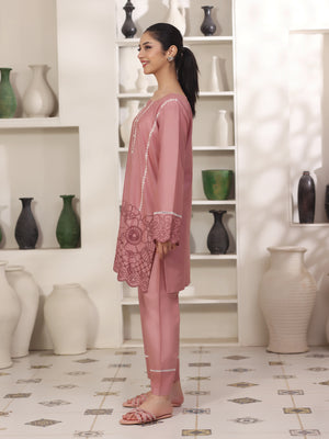 2Pc Solid Embroidered Pret Shirt Trouser Cotton Tea Pink