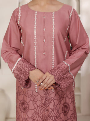 2Pc Solid Embroidered Pret Shirt Trouser Cotton Tea Pink