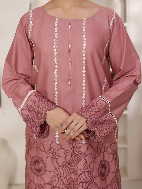2Pc Solid Embroidered Pret Shirt Trouser Cotton Tea Pink