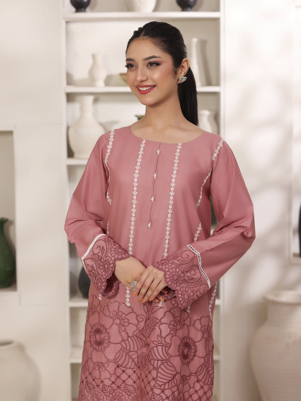 2Pc Solid Embroidered Pret Shirt Trouser Cotton Tea Pink