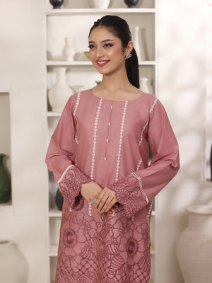 2Pc Solid Embroidered Pret Shirt Trouser Cotton Tea Pink