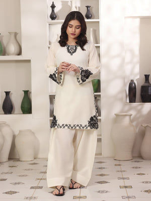 2Pc Solid Embroidered Pret Shirt Shalwar Cotton Off White
