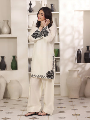 2Pc Solid Embroidered Pret Shirt Shalwar Cotton Off White