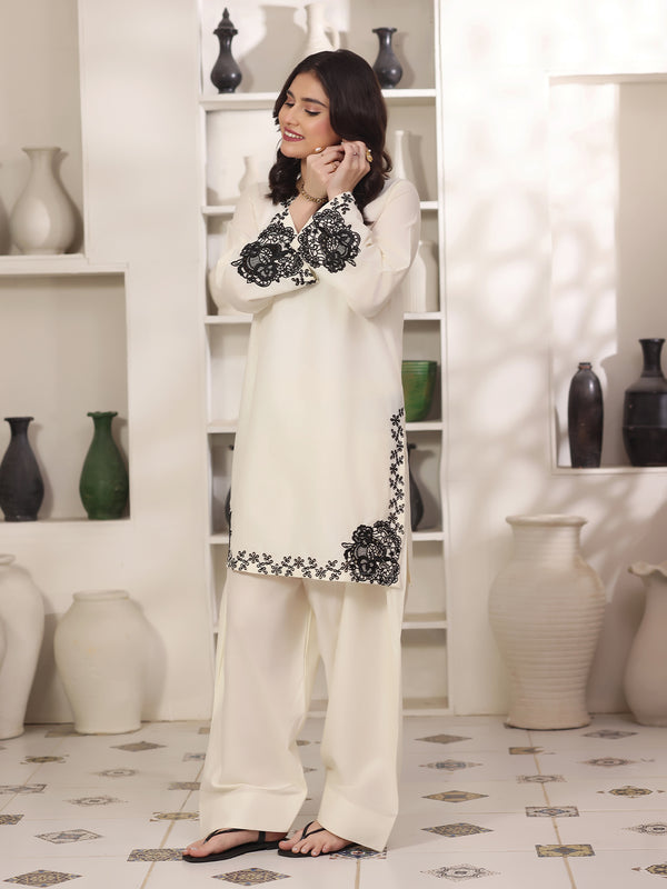 2Pc Solid Embroidered Pret Shirt Shalwar Cotton Off White