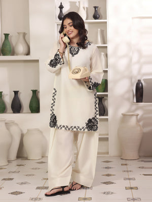 2Pc Solid Embroidered Pret Shirt Shalwar Cotton Off White