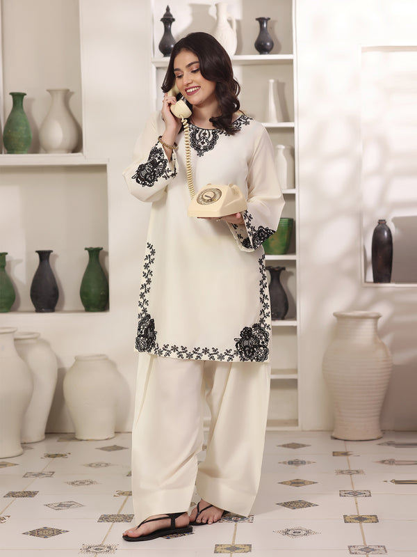 2Pc Solid Embroidered Pret Shirt Shalwar Cotton Off White