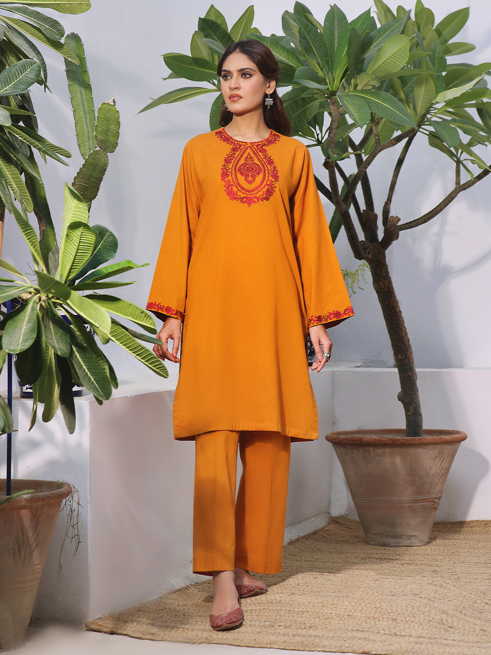 2Pc Embroidered Pret Shirt Trouser Khaddar Mustard - OWE2P-2407008