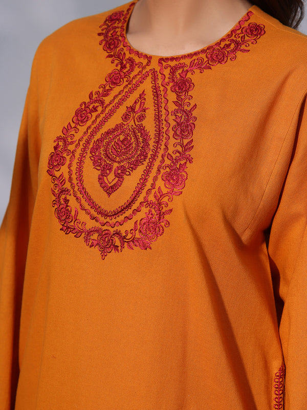 2Pc Embroidered Pret Shirt Trouser Khaddar Mustard - OWE2P-2407008