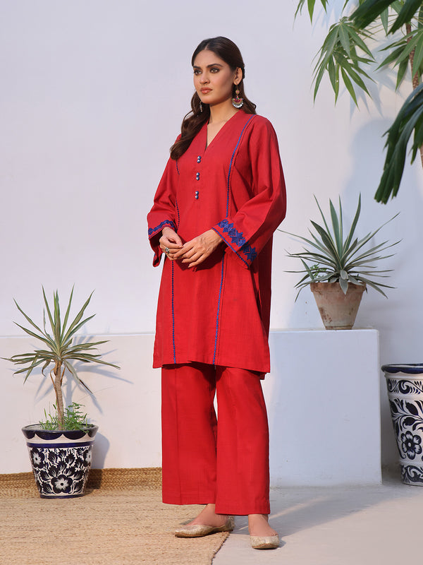 2Pc Solid Embroidered Pret Shirt Trouser Khaddar Red - OWE2P-2408001
