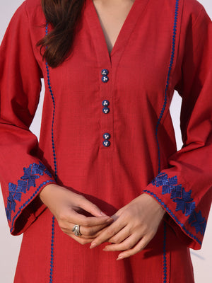2Pc Solid Embroidered Pret Shirt Trouser Khaddar Red - OWE2P-2408001