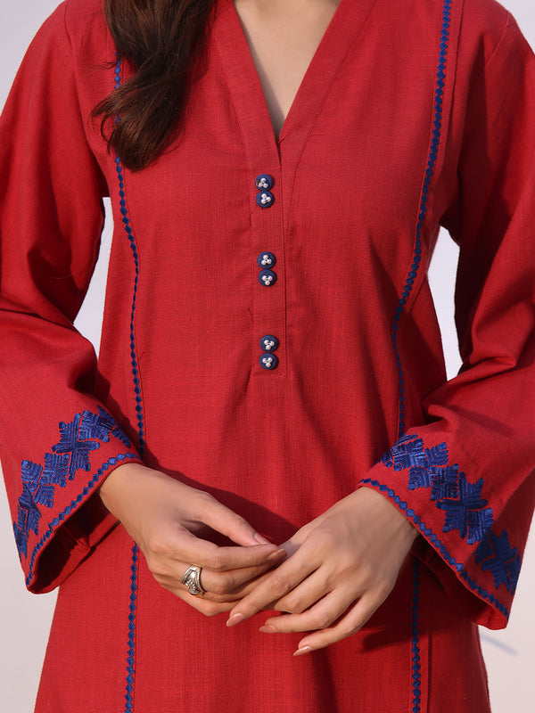2Pc Solid Embroidered Pret Shirt Trouser Khaddar Red - OWE2P-2408001