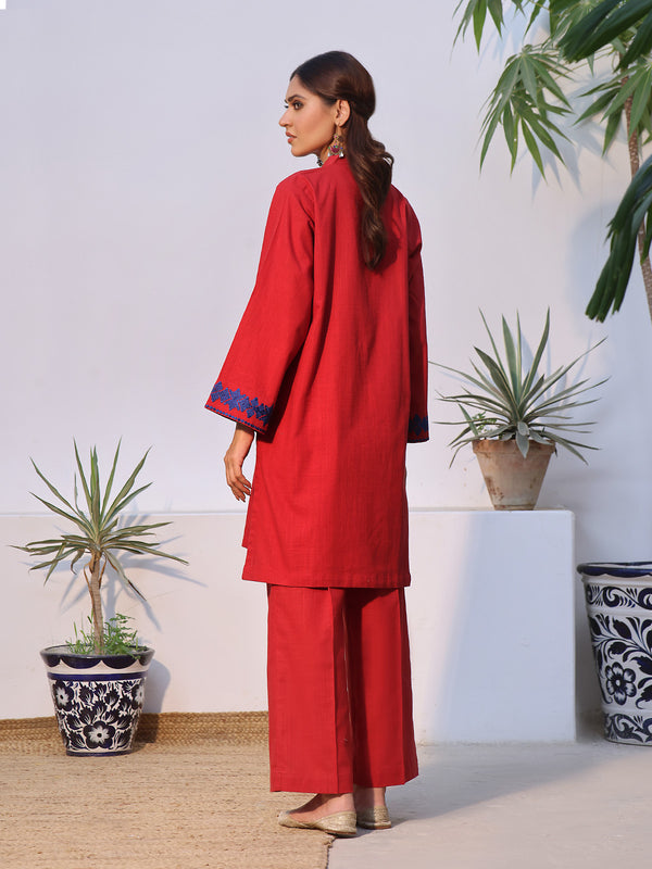 2Pc Solid Embroidered Pret Shirt Trouser Khaddar Red - OWE2P-2408001