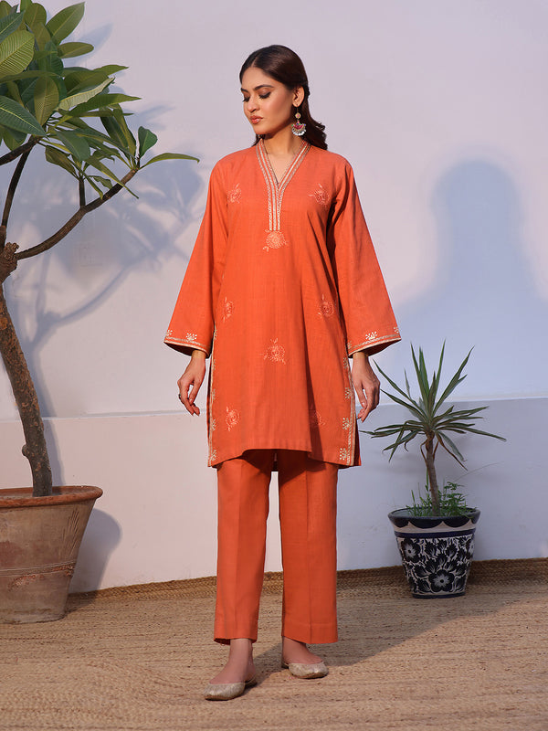 2Pc Solid Embroidered Pret Shirt Trouser Khaddar Orange - OWE2P-2408003