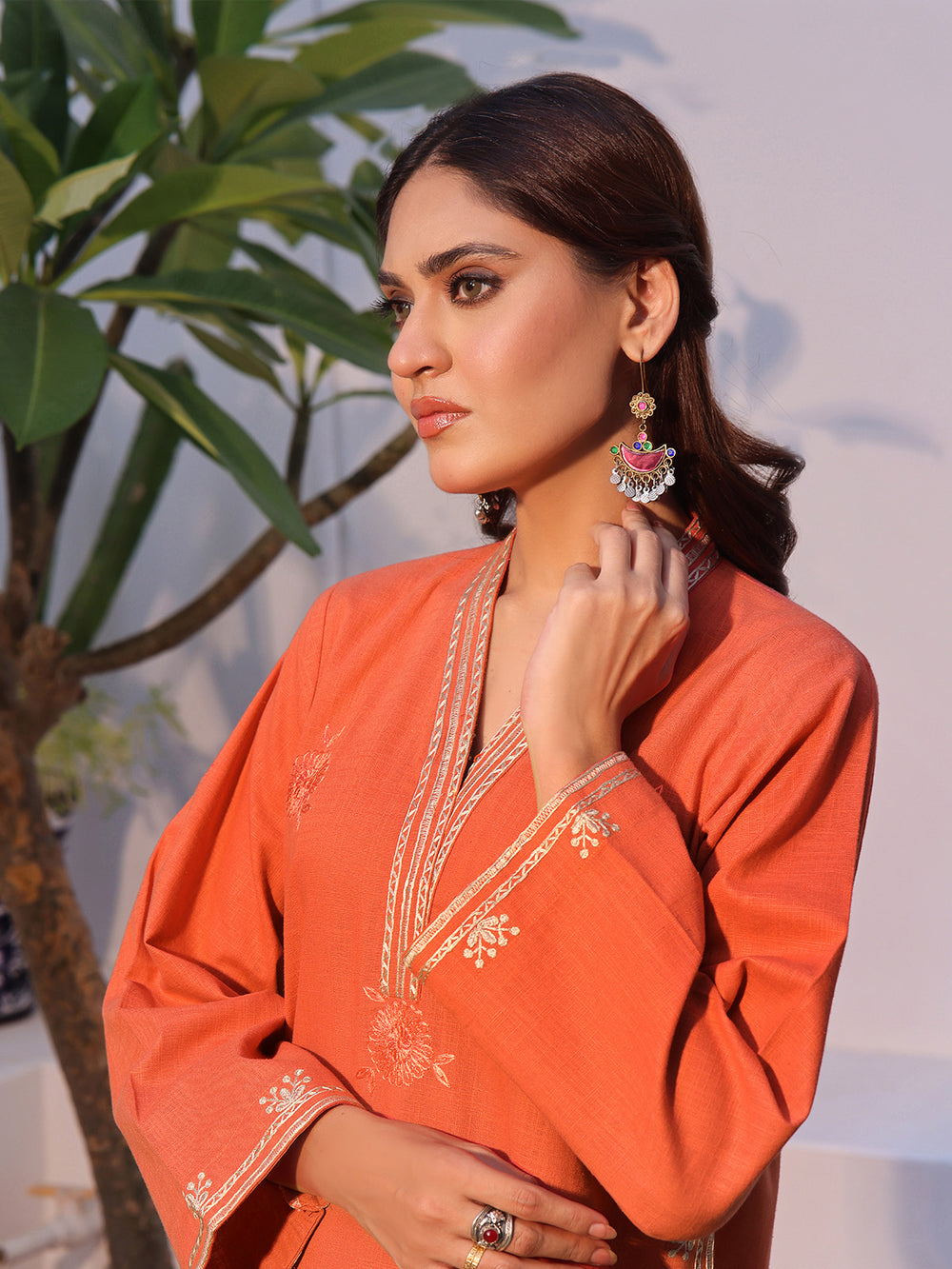 2Pc Solid Embroidered Pret Shirt Trouser Khaddar Orange - OWE2P-2408003