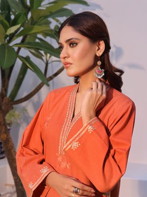 2Pc Solid Embroidered Pret Shirt Trouser Khaddar Orange - OWE2P-2408003