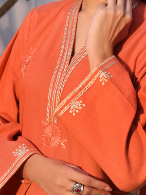 2Pc Solid Embroidered Pret Shirt Trouser Khaddar Orange - OWE2P-2408003