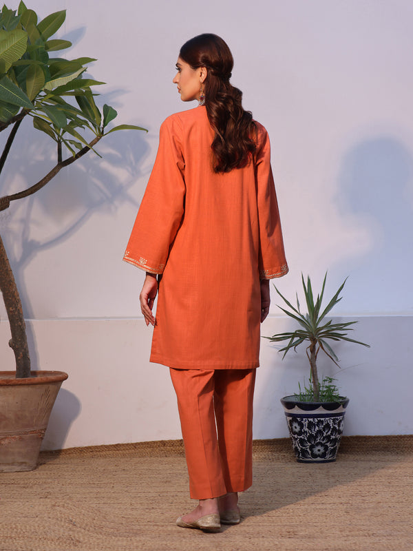 2Pc Solid Embroidered Pret Shirt Trouser Khaddar Orange - OWE2P-2408003