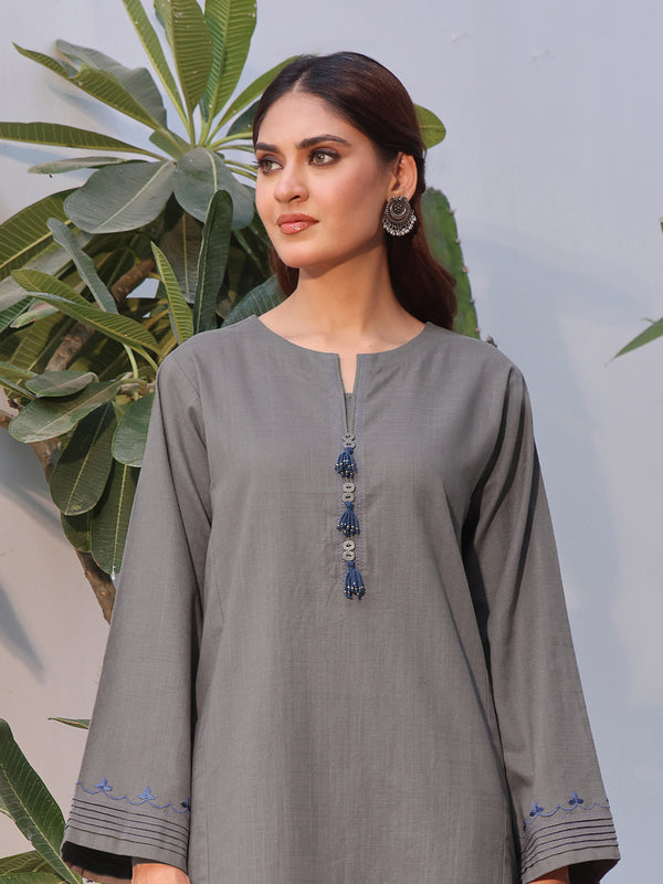 2Pc Solid Embroidered Pret Shirt Trouser Khaddar Grey - OWE2P-2408005