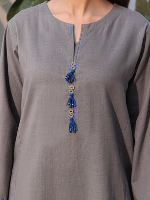 2Pc Solid Embroidered Pret Shirt Trouser Khaddar Grey - OWE2P-2408005