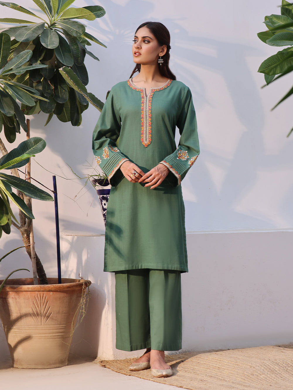 2Pc Solid Embroidered Pret Shirt Trouser Khaddar Green - OWE2P-2408006