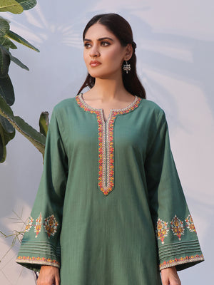 2Pc Solid Embroidered Pret Shirt Trouser Khaddar Green - OWE2P-2408006