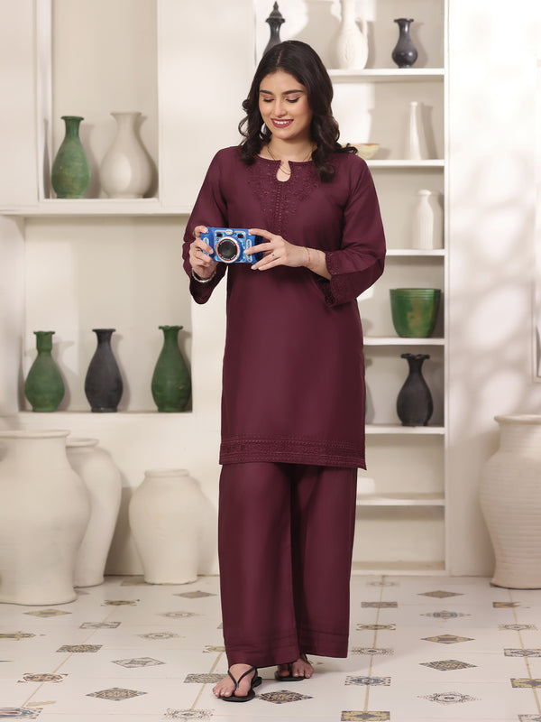 2Pc Solid Embroidered Pret Shirt Trouser Cotton Dark Purple