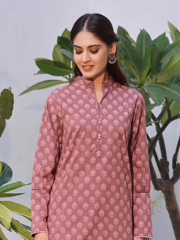 2Pc Printed Pret Shirt Trouser Cambric Brown - OW2P-2408024