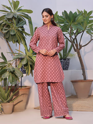 2Pc Printed Pret Shirt Trouser Cambric Brown - OW2P-2408024