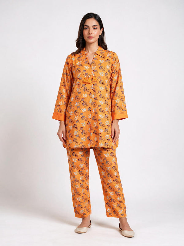 2Pc Printed Pret Shirt Trouser Cotton Orange - OW2P-2607002