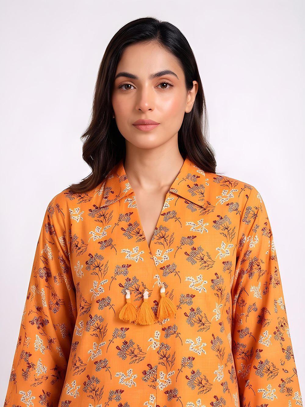 2Pc Printed Pret Shirt Trouser Cotton Orange - OW2P-2607002