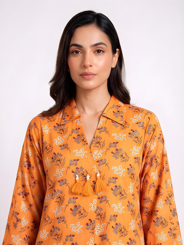 2Pc Printed Pret Shirt Trouser Cotton Orange - OW2P-2607002