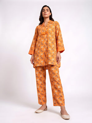 2Pc Printed Pret Shirt Trouser Cotton Orange - OW2P-2607002