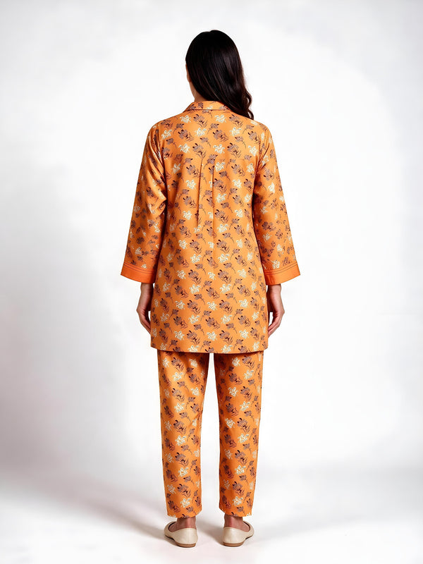 2Pc Printed Pret Shirt Trouser Cotton Orange - OW2P-2607002
