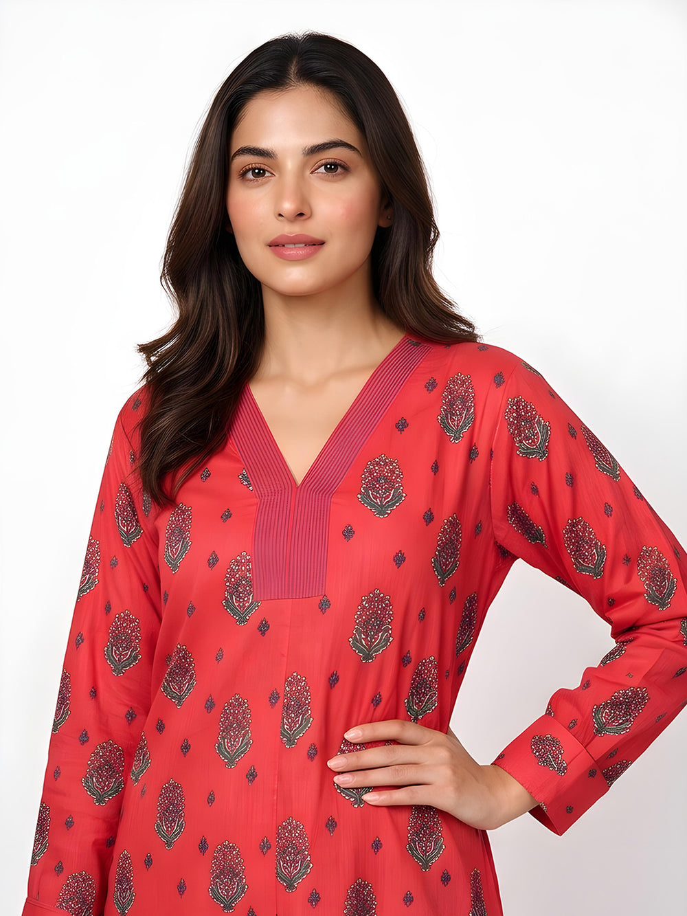 2Pc Printed Pret Shirt Trouser Cotton Red - OW2P-2607003
