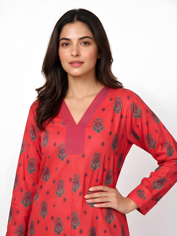 2Pc Printed Pret Shirt Trouser Cotton Red - OW2P-2607003