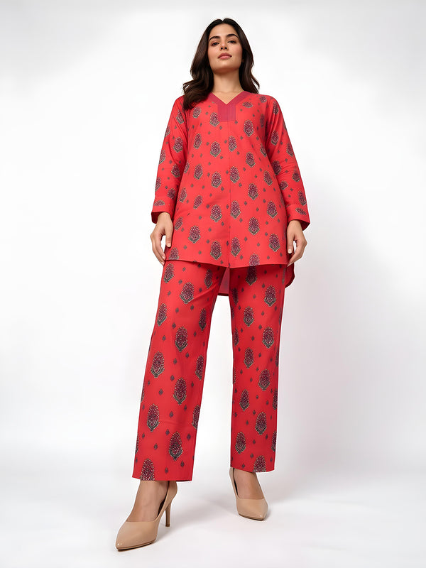 2Pc Printed Pret Shirt Trouser Cotton Red - OW2P-2607003
