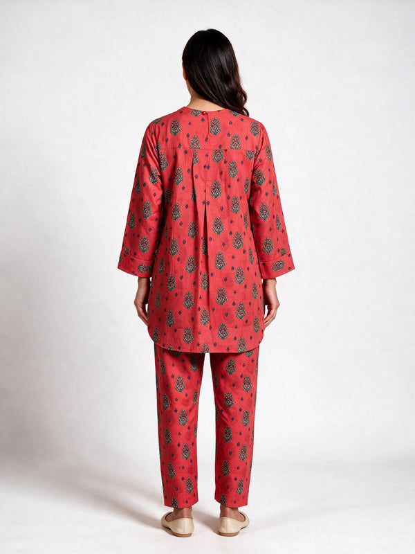 2Pc Printed Pret Shirt Trouser Cotton Red - OW2P-2607003