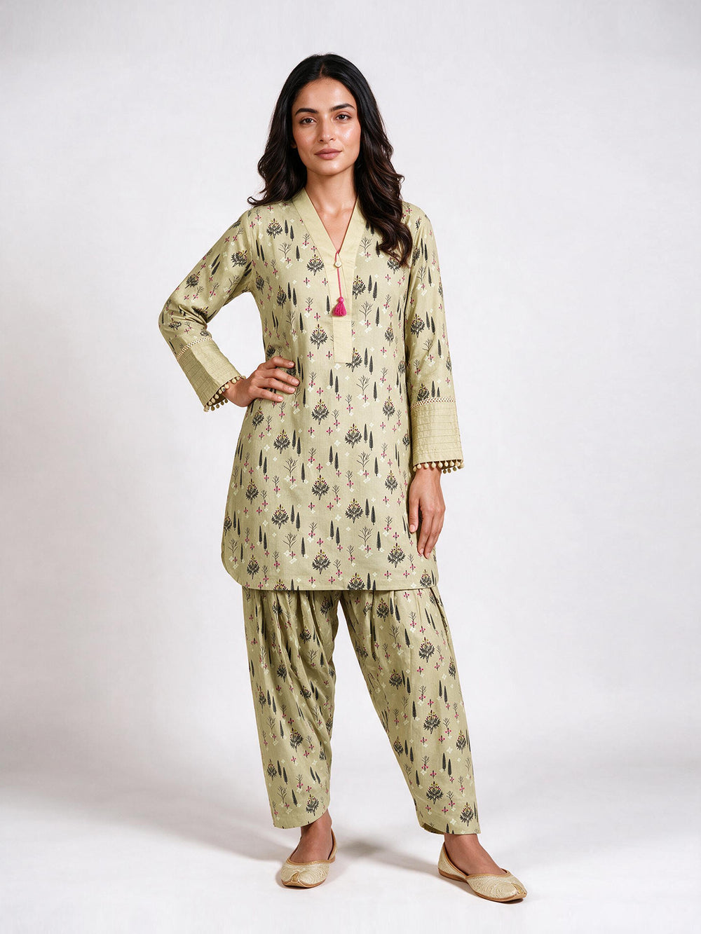 2Pc Printed Pret Shirt Trouser Cotton Light Green - OW2P-2607004
