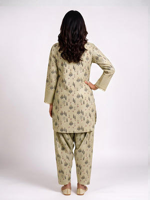 2Pc Printed Pret Shirt Trouser Cotton Light Green - OW2P-2607004