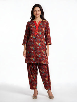 2Pc Printed Pret Shirt Trouser Cotton Rust - OW2P-2607007