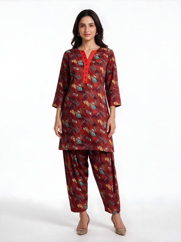 2Pc Printed Pret Shirt Trouser Cotton Rust - OW2P-2607007