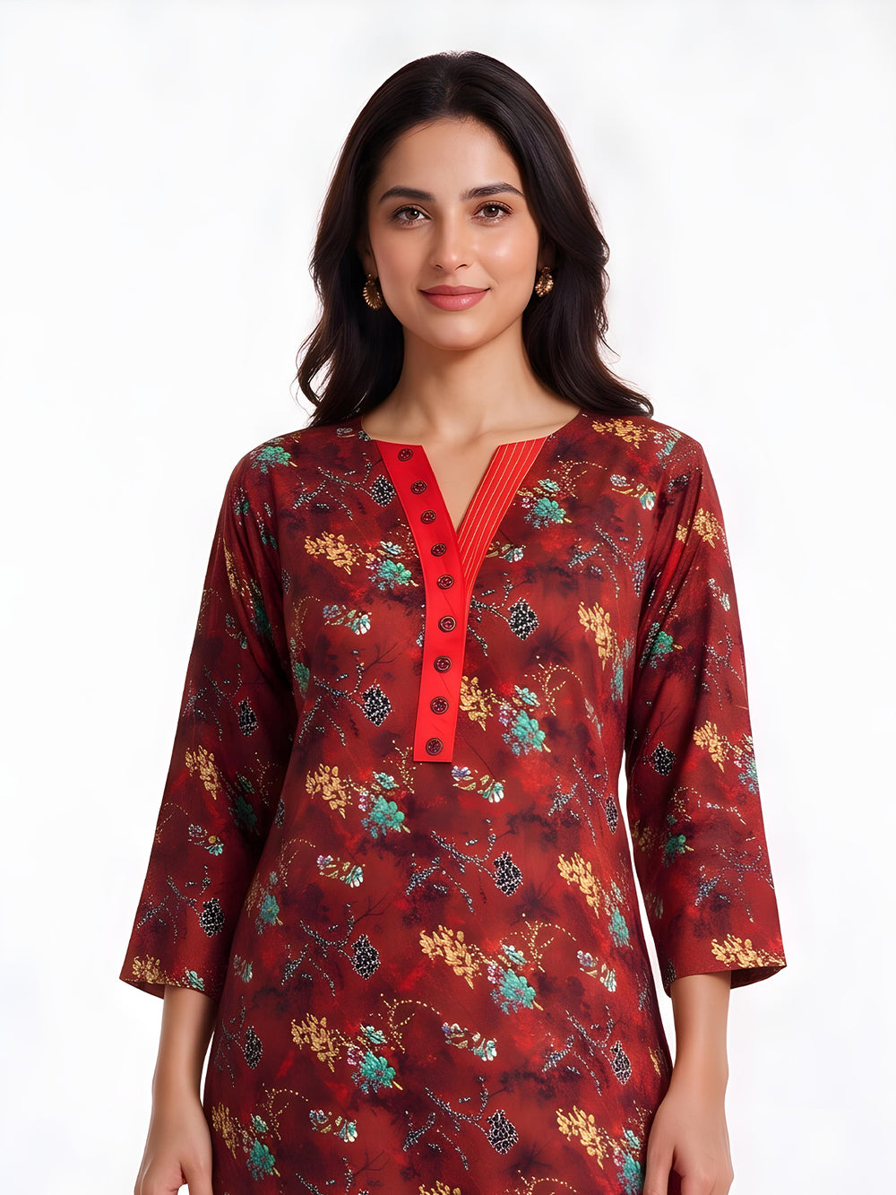 2Pc Printed Pret Shirt Trouser Cotton Rust - OW2P-2607007