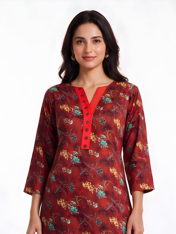2Pc Printed Pret Shirt Trouser Cotton Rust - OW2P-2607007