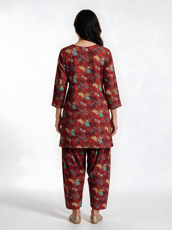 2Pc Printed Pret Shirt Trouser Cotton Rust - OW2P-2607007