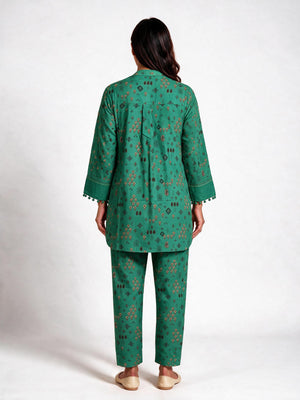 2Pc Printed Pret Shirt Trouser Cotton Dark Green - OW2P-2607006